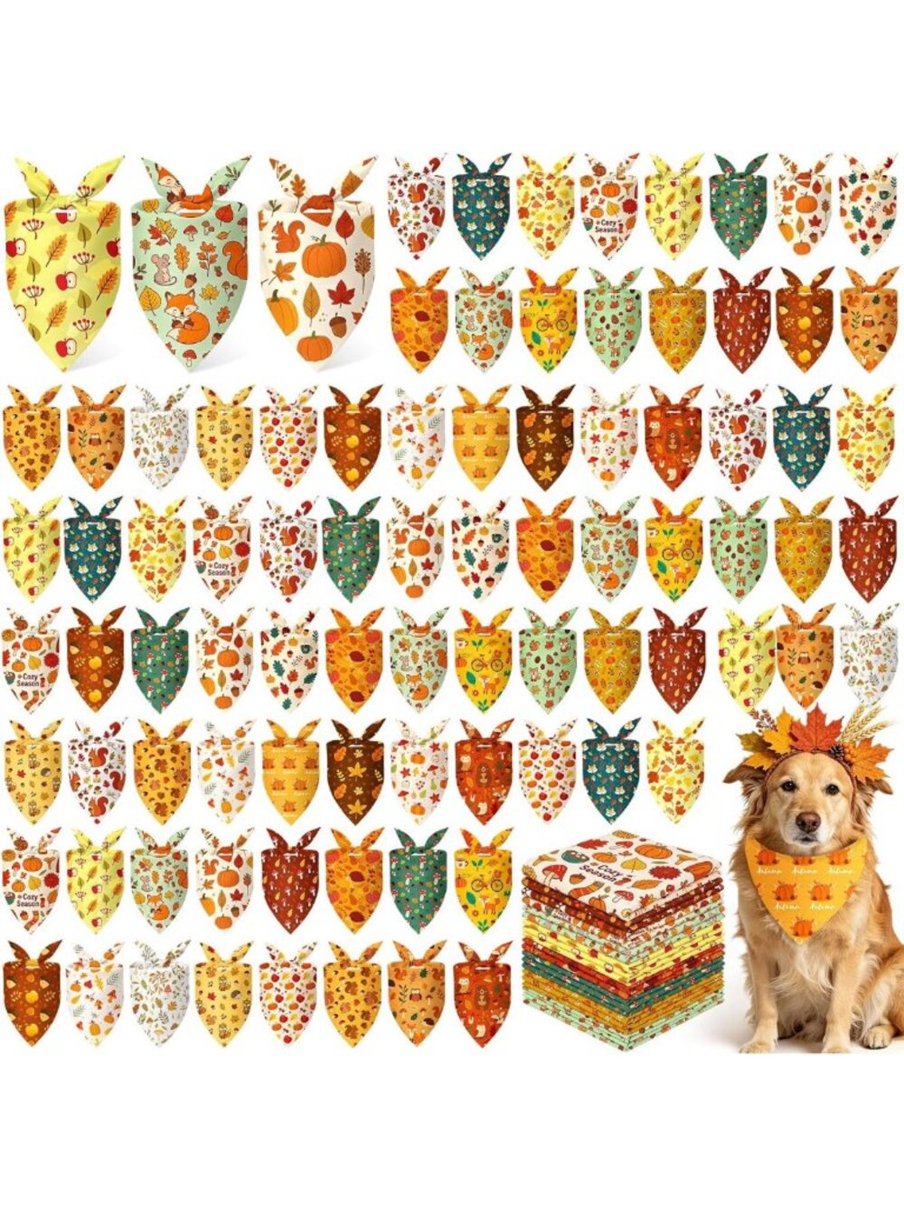 200 Pcs Fall Dog Bandanas Set | Autumn Leaf, Pumpkin & Acorn Designs